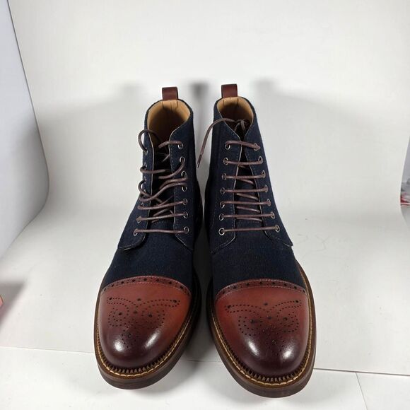 Moretti Lace Up Boots Gold Label, Mens 9.5 D, Dark Blue wool, Brown Cap Toe NWOT - Picture 3 of 8